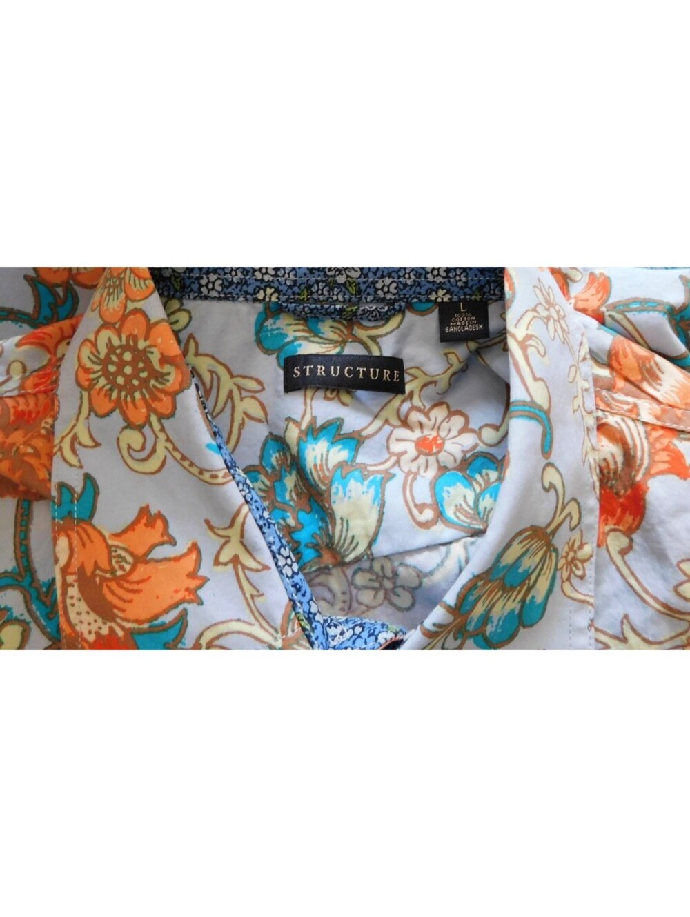 Structure Men's 100% Cotton Floral Print Button Up Shirt Size L Blue Orange - Picture 3 of 3